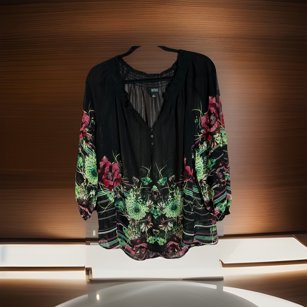 a.n.a Women's Plus 2X Abstract Print Blouse Ruffle Neck Long Sleeve Button Front
